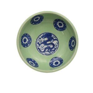 Vintage Chinese Ceramic Bowl Celadon with Blue Dragons and Circles